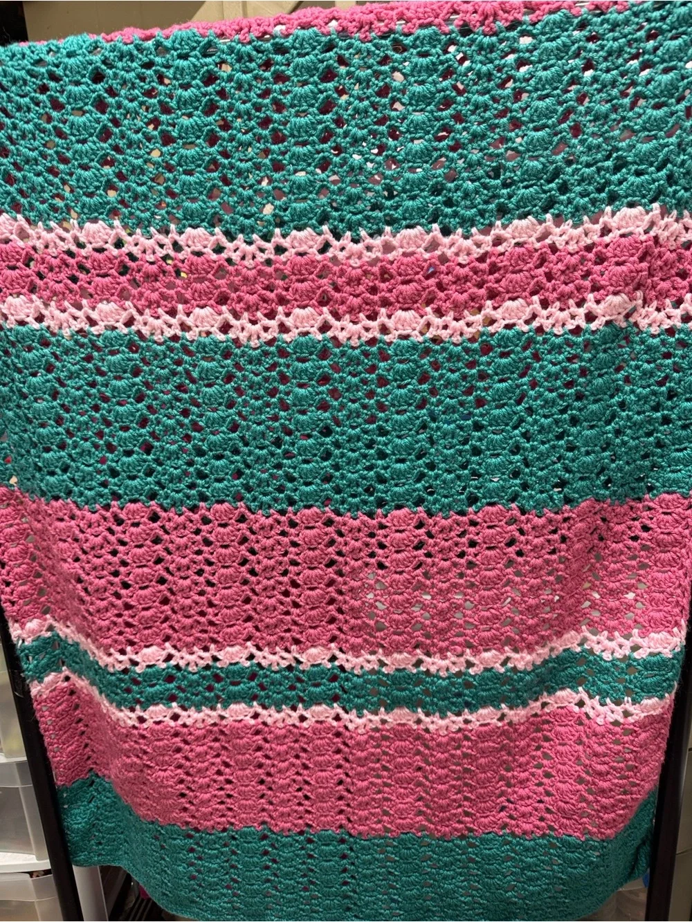 Handcrafted Teal and Pink Crochet Throw Blanket - Soft Accent Throw